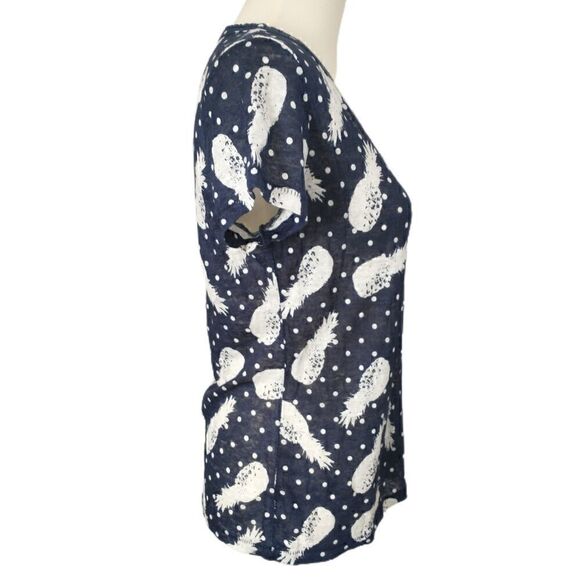 Linen Pineapple Top T Shirt Pullover Small Raw Neckline Navy Blue White Novelty. - Picture 5 of 14